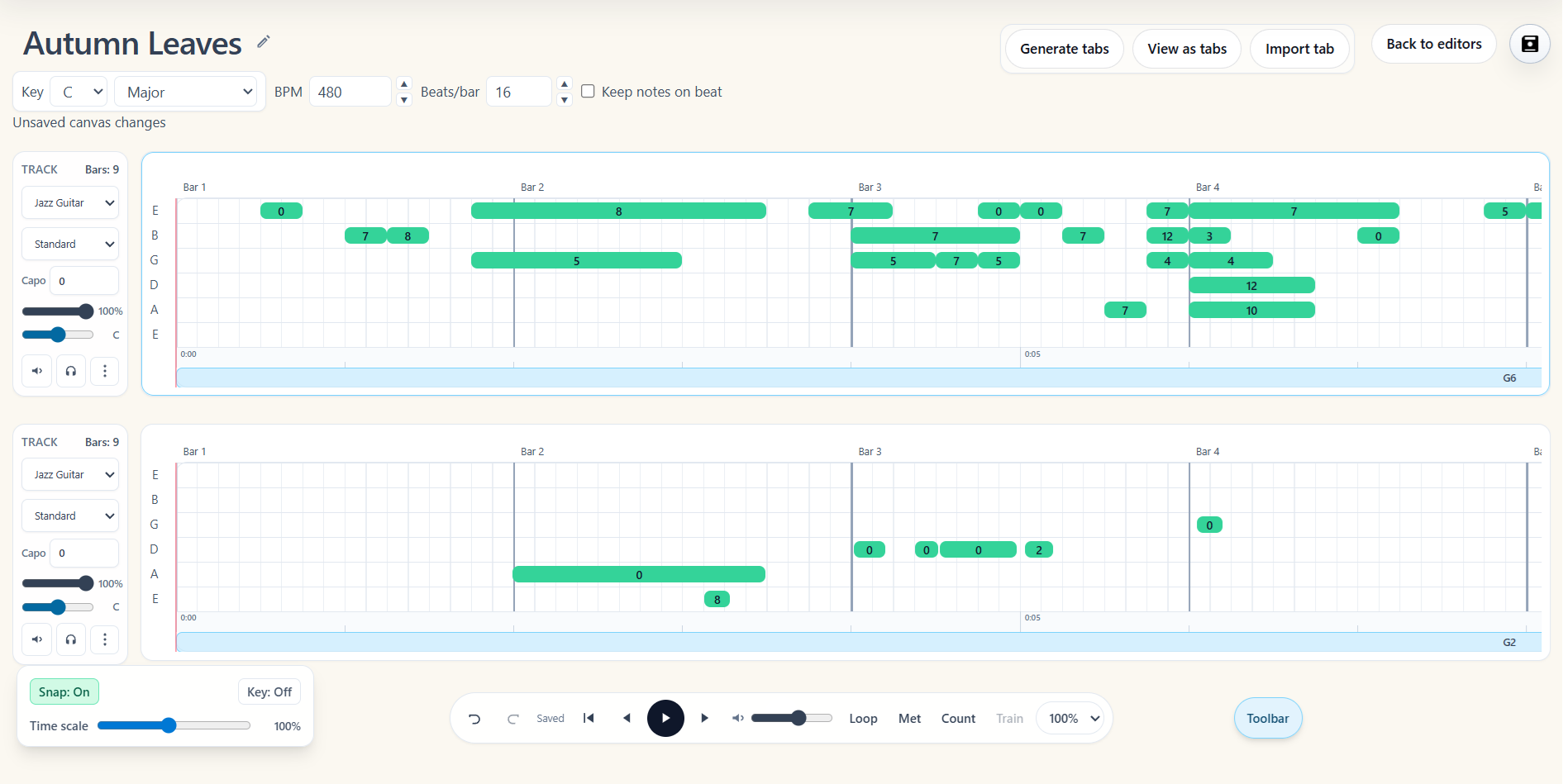 Guitar tab editor workspace