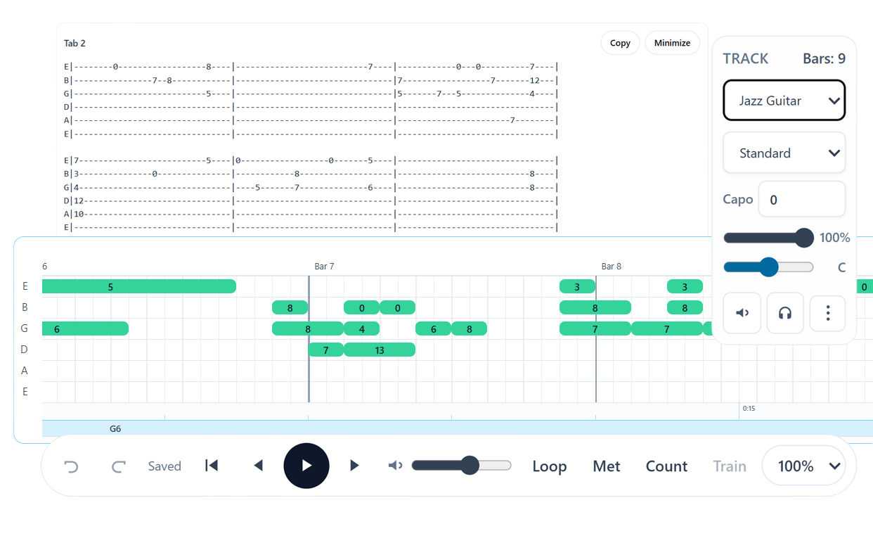 Guitar tab practice and playback tools